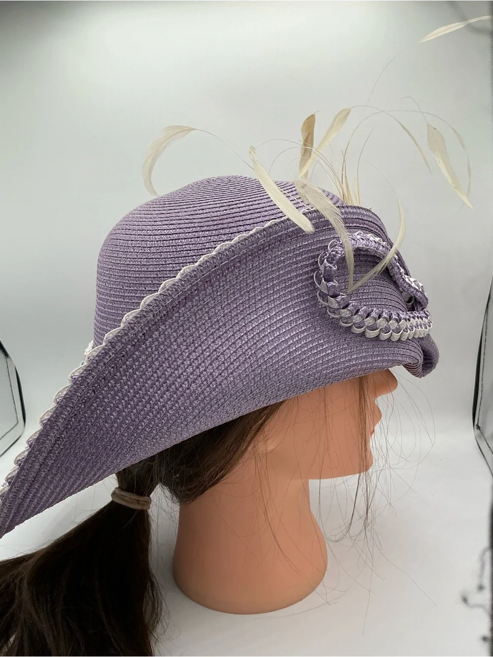 Lavender Decorative Women's Straw Hat with Feather Trim